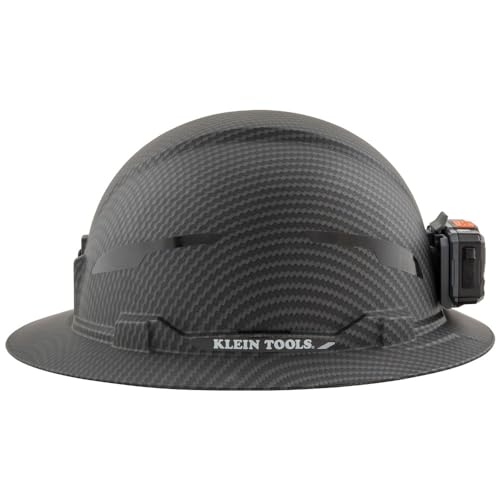 Klein Tools 60346 Hard Hat, Non-Vented Full Brim, Class E, Premium KARBN Pattern, Rechargeable Lamp, Padded Sweat-Wicking Sweatband, Top Pad