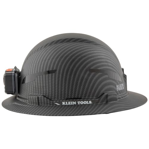 Klein Tools 60346 Hard Hat, Non-Vented Full Brim, Class E, Premium KARBN Pattern, Rechargeable Lamp, Padded Sweat-Wicking Sweatband, Top Pad