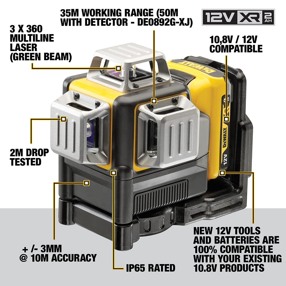 DEWALT Self Levelling Multi Line 3 x 360 Degrees Green Beam Laser 12V MAX* with Battery 2.0Ah Li-Ion and Charger Carry Case DCE089D1G
