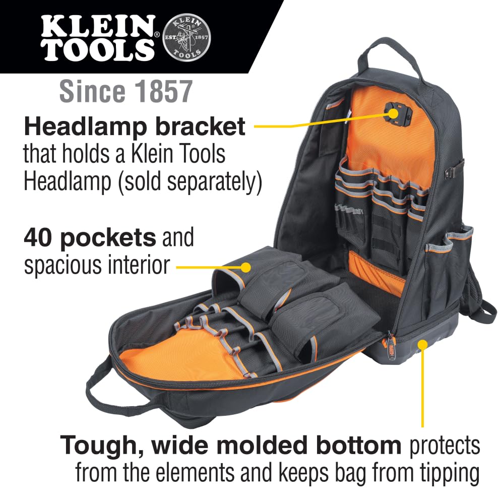 KLEIN TOOLS 55421BP-14 Tool Bag Backpack, Heavy Duty Tradesman Pro Tool Organizer/Tool Carrier with 39 Pockets and Molded Base
