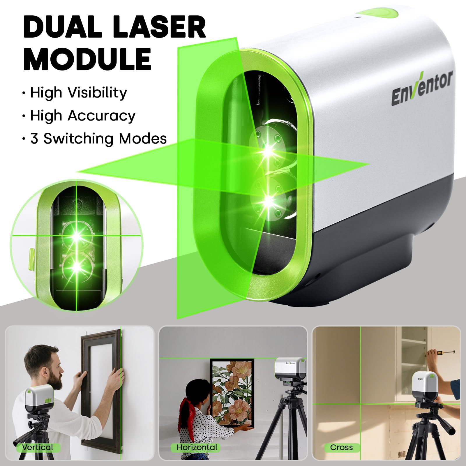 Enventor Rechargeable Laser Level with Tripod, 25M 2200mAh Li-ion Battery Green Laser Level Self Leveling with Pulse Mode, 7 Hours Working Time, Switchable Horizontal/Vertical/Cross line