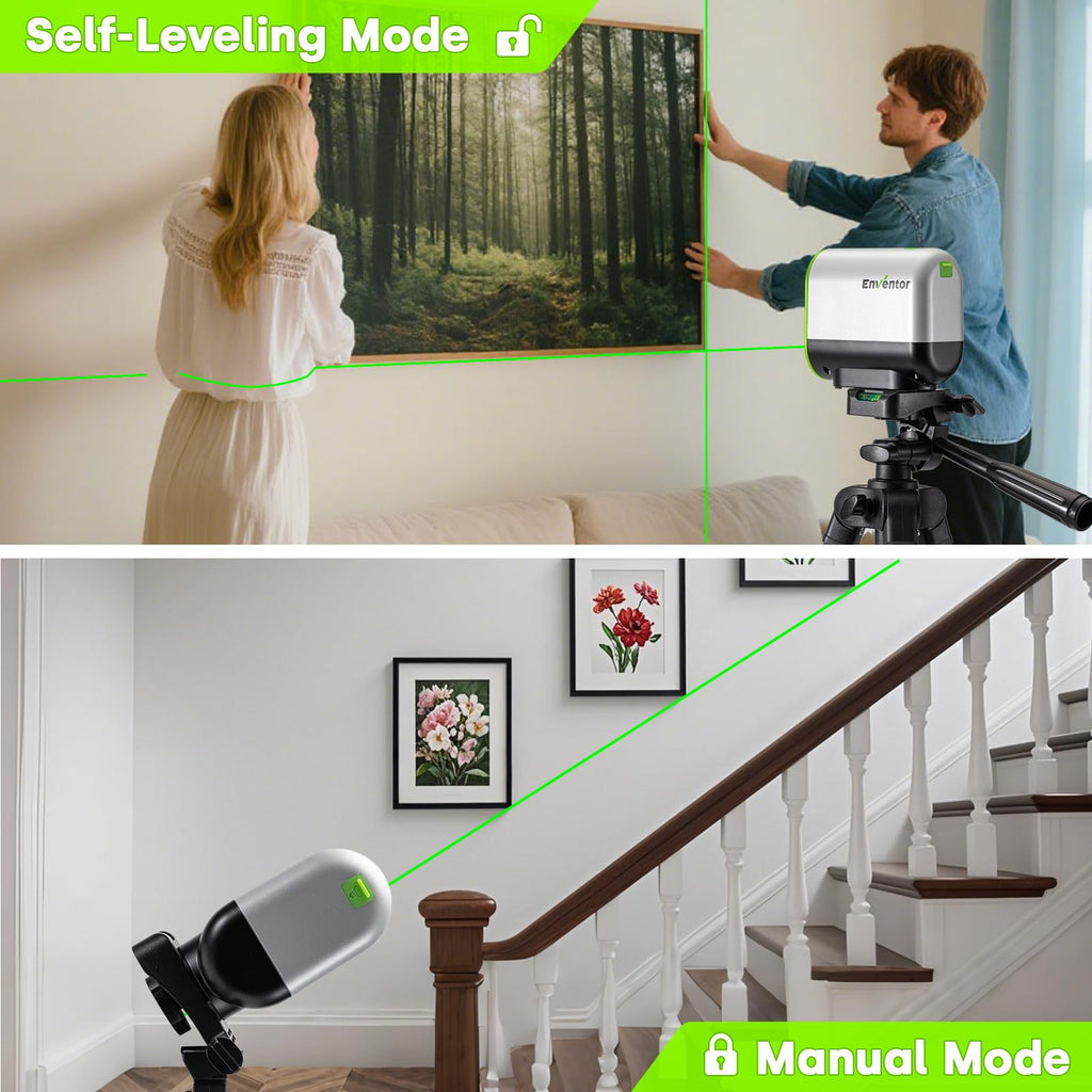 Enventor Rechargeable Laser Level with Tripod, 25M 2200mAh Li-ion Battery Green Laser Level Self Leveling with Pulse Mode, 7 Hours Working Time, Switchable Horizontal/Vertical/Cross line