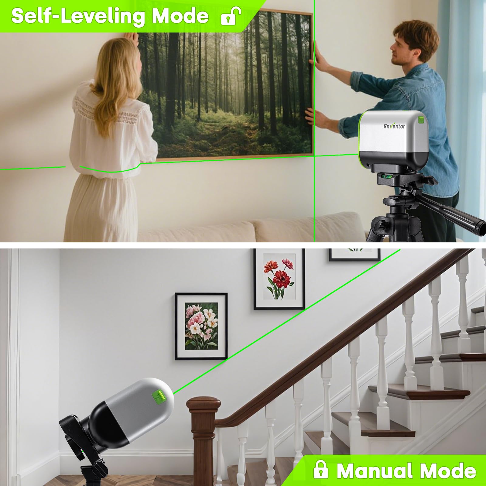 Enventor Rechargeable Laser Level with Tripod, 25M 2200mAh Li-ion Battery Green Laser Level Self Leveling with Pulse Mode, 7 Hours Working Time, Switchable Horizontal/Vertical/Cross line