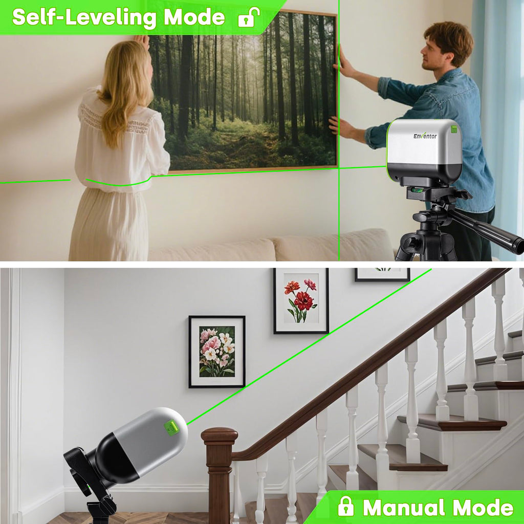 Enventor Rechargeable Laser Level with Tripod, 25M 2200mAh Li-ion Battery Green Laser Level Self Leveling with Pulse Mode, 7 Hours Working Time, Switchable Horizontal/Vertical/Cross line