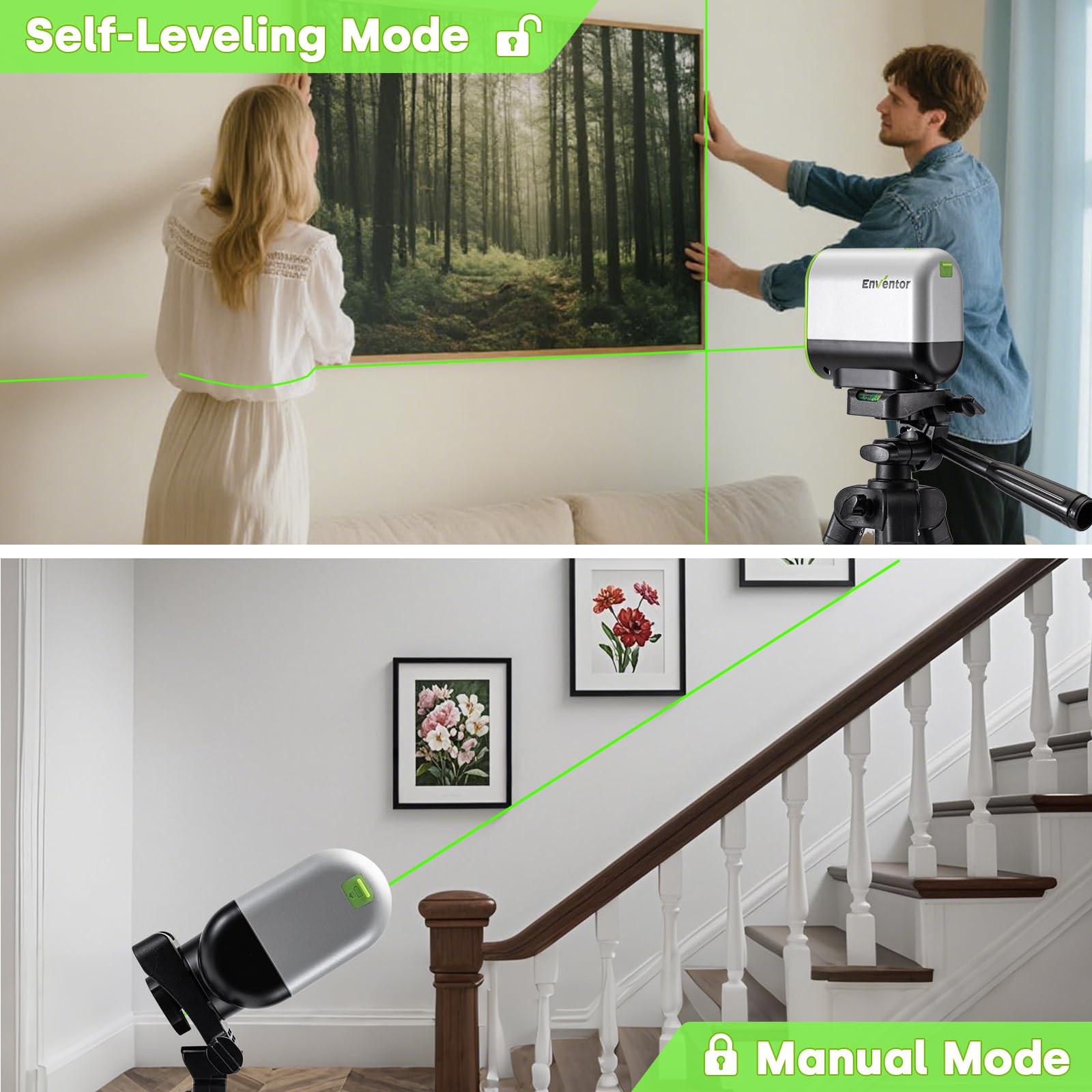 Enventor Rechargeable Laser Level with Tripod, 25M 2200mAh Li-ion Battery Green Laser Level Self Leveling with Pulse Mode, 7 Hours Working Time, Switchable Horizontal/Vertical/Cross line