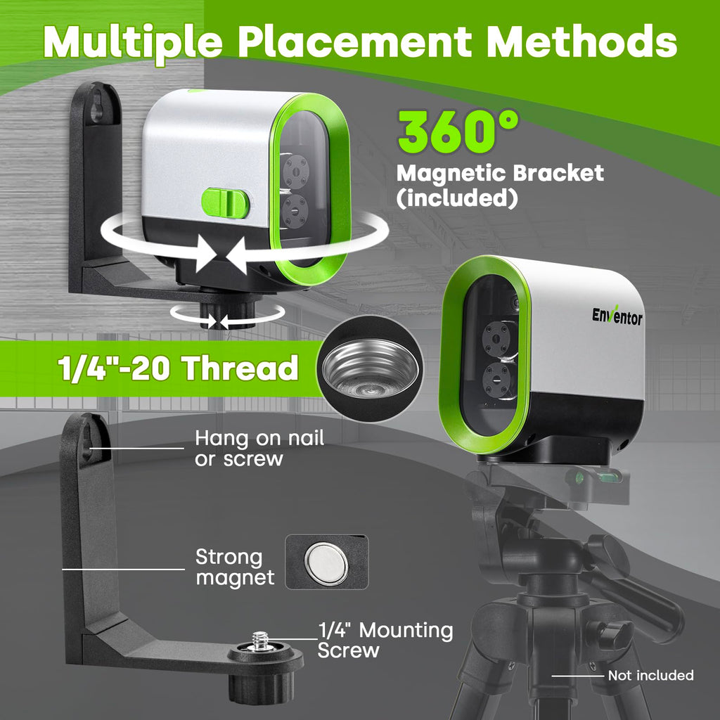Enventor Rechargeable Laser Level with Tripod, 25M 2200mAh Li-ion Battery Green Laser Level Self Leveling with Pulse Mode, 7 Hours Working Time, Switchable Horizontal/Vertical/Cross line
