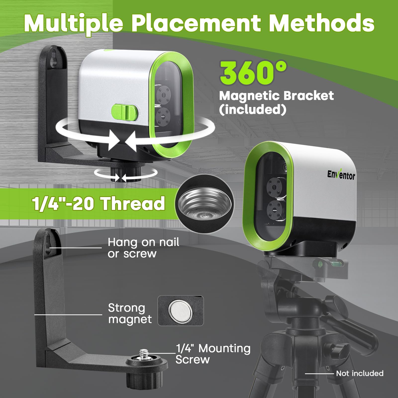 Enventor Rechargeable Laser Level with Tripod, 25M 2200mAh Li-ion Battery Green Laser Level Self Leveling with Pulse Mode, 7 Hours Working Time, Switchable Horizontal/Vertical/Cross line