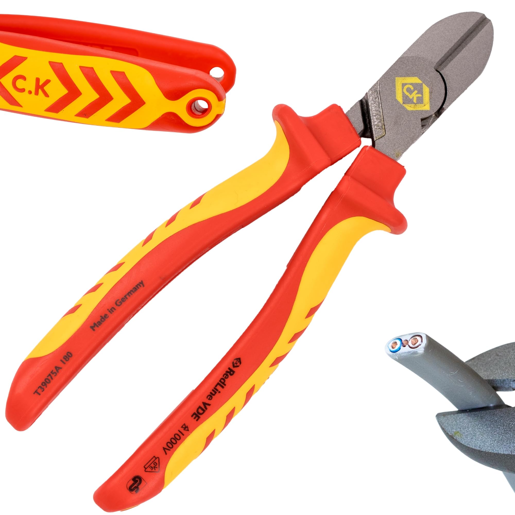 C.K Redline 2025 Edition VDE Cable Cutter & Stripper 160mm, German Made Electrical Insulated Wire Side Cutters, Lanyard Ready Heavy Duty Electrician Croppers, Electricians Snips, CK Tools T39073A 160