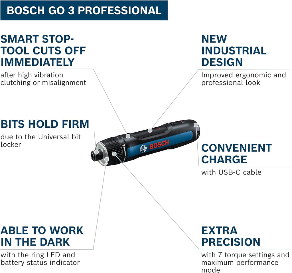 Bosch Professional Screwdriver Bosch GO 3 (incl. 8pcs bit Set, bit Holder, USB-C Cable, Mini Case)