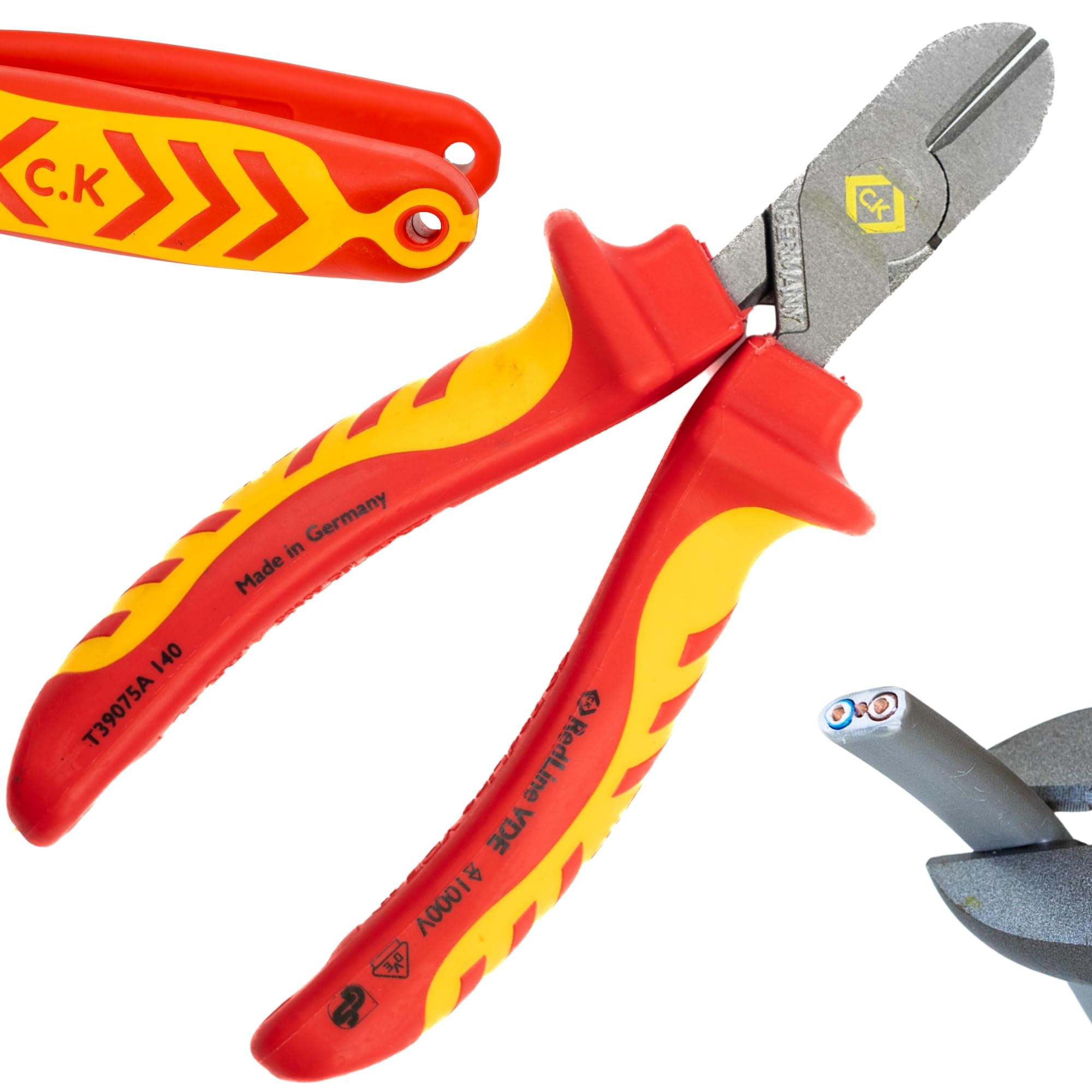 C.K Redline 2025 Edition VDE Cable Cutter & Stripper 160mm, German Made Electrical Insulated Wire Side Cutters, Lanyard Ready Heavy Duty Electrician Croppers, Electricians Snips, CK Tools T39073A 160