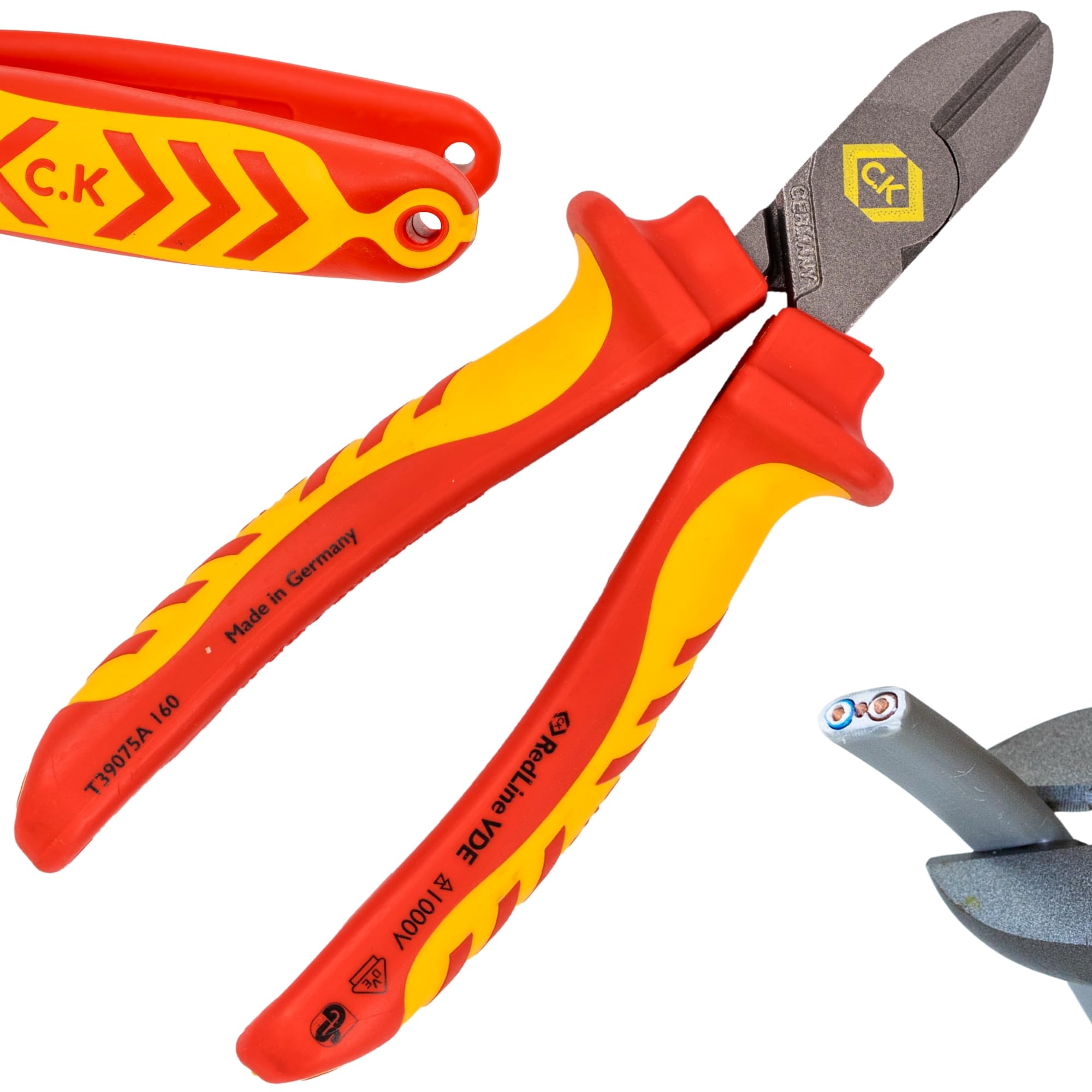C.K Redline 2025 Edition VDE Cable Cutter & Stripper 160mm, German Made Electrical Insulated Wire Side Cutters, Lanyard Ready Heavy Duty Electrician Croppers, Electricians Snips, CK Tools T39073A 160