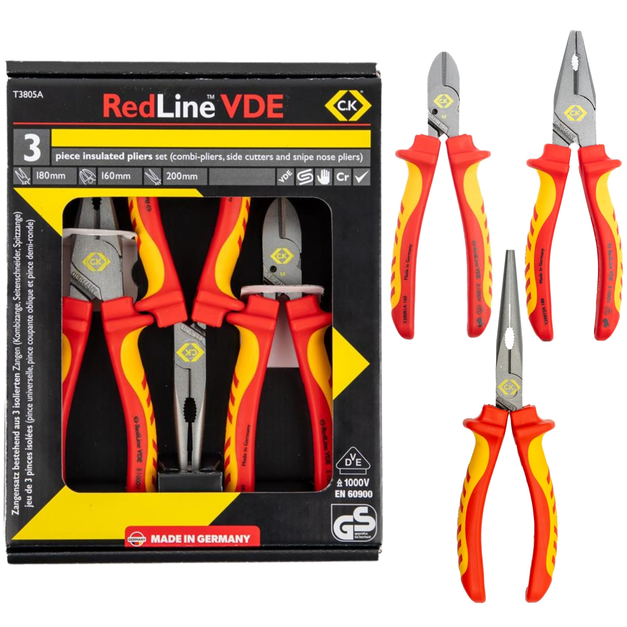 C.K Redline 2025 Edition VDE Cable Cutter & Stripper 160mm, German Made Electrical Insulated Wire Side Cutters, Lanyard Ready Heavy Duty Electrician Croppers, Electricians Snips, CK Tools T39073A 160