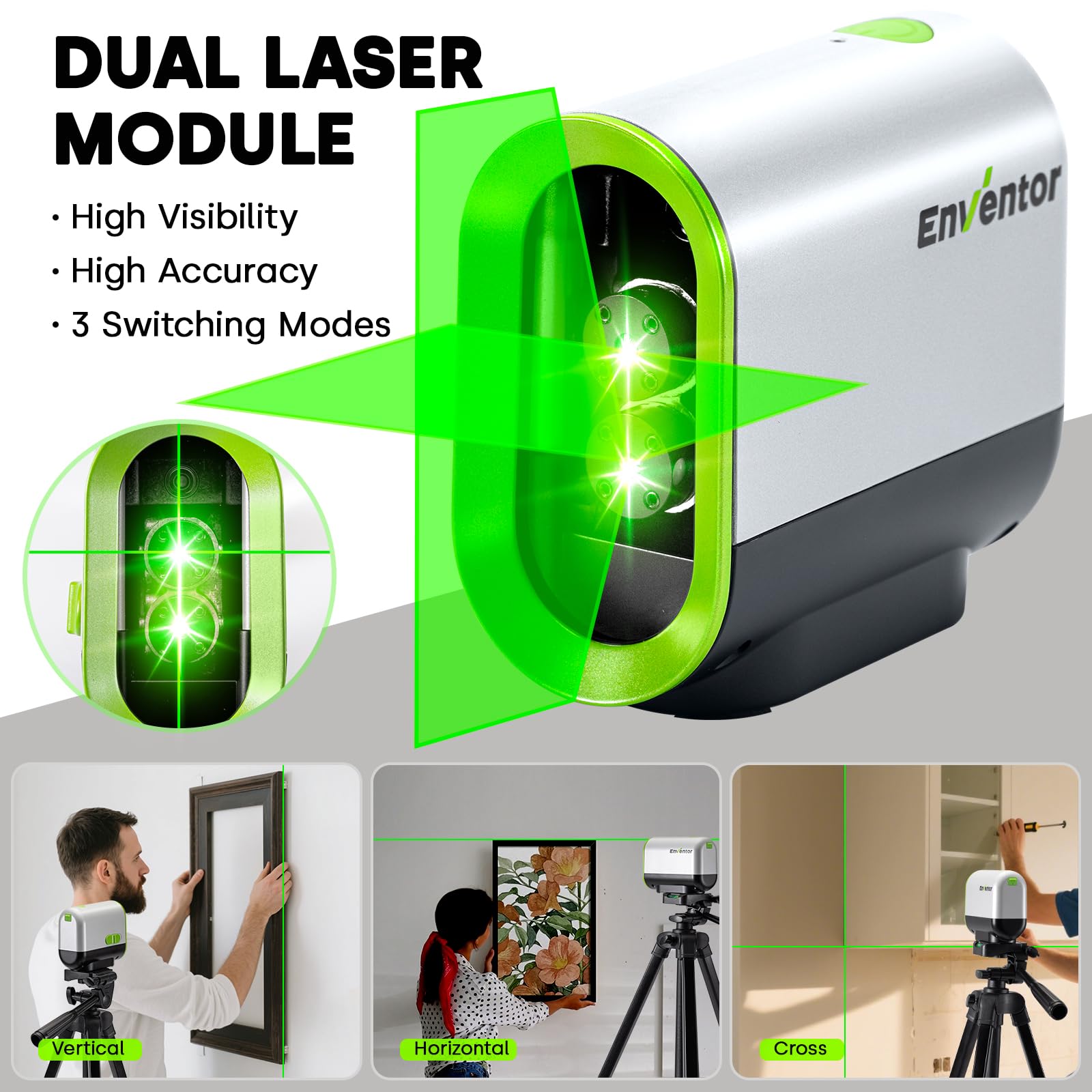 Enventor Rechargeable Laser Level with Tripod, 25M 2200mAh Li-ion Battery Green Laser Level Self Leveling with Pulse Mode, 7 Hours Working Time, Switchable Horizontal/Vertical/Cross line