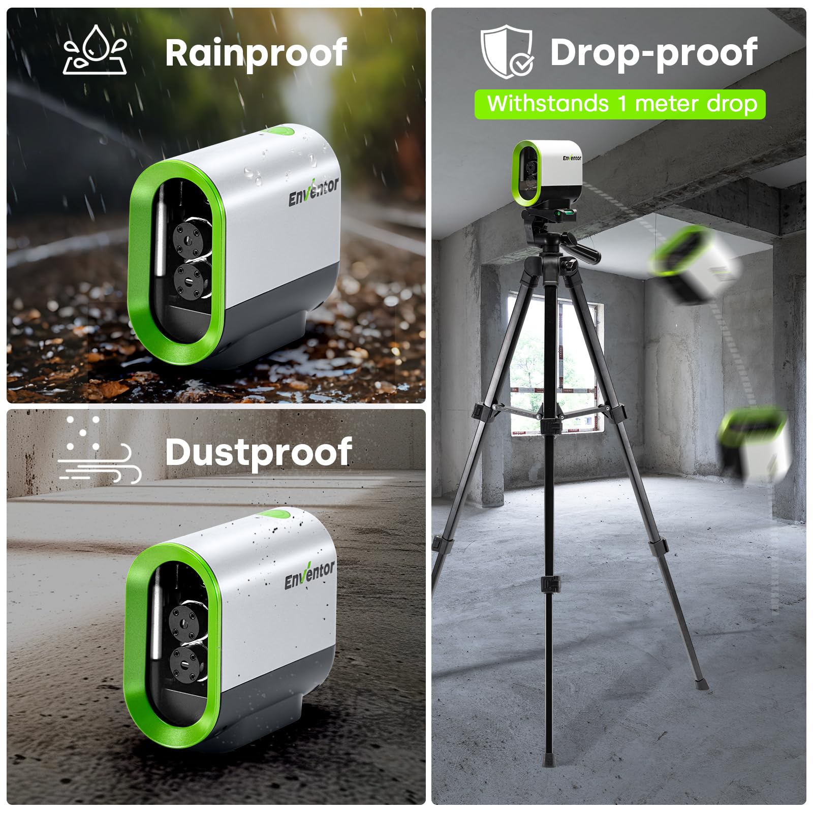 Enventor Rechargeable Laser Level with Tripod, 25M 2200mAh Li-ion Battery Green Laser Level Self Leveling with Pulse Mode, 7 Hours Working Time, Switchable Horizontal/Vertical/Cross line