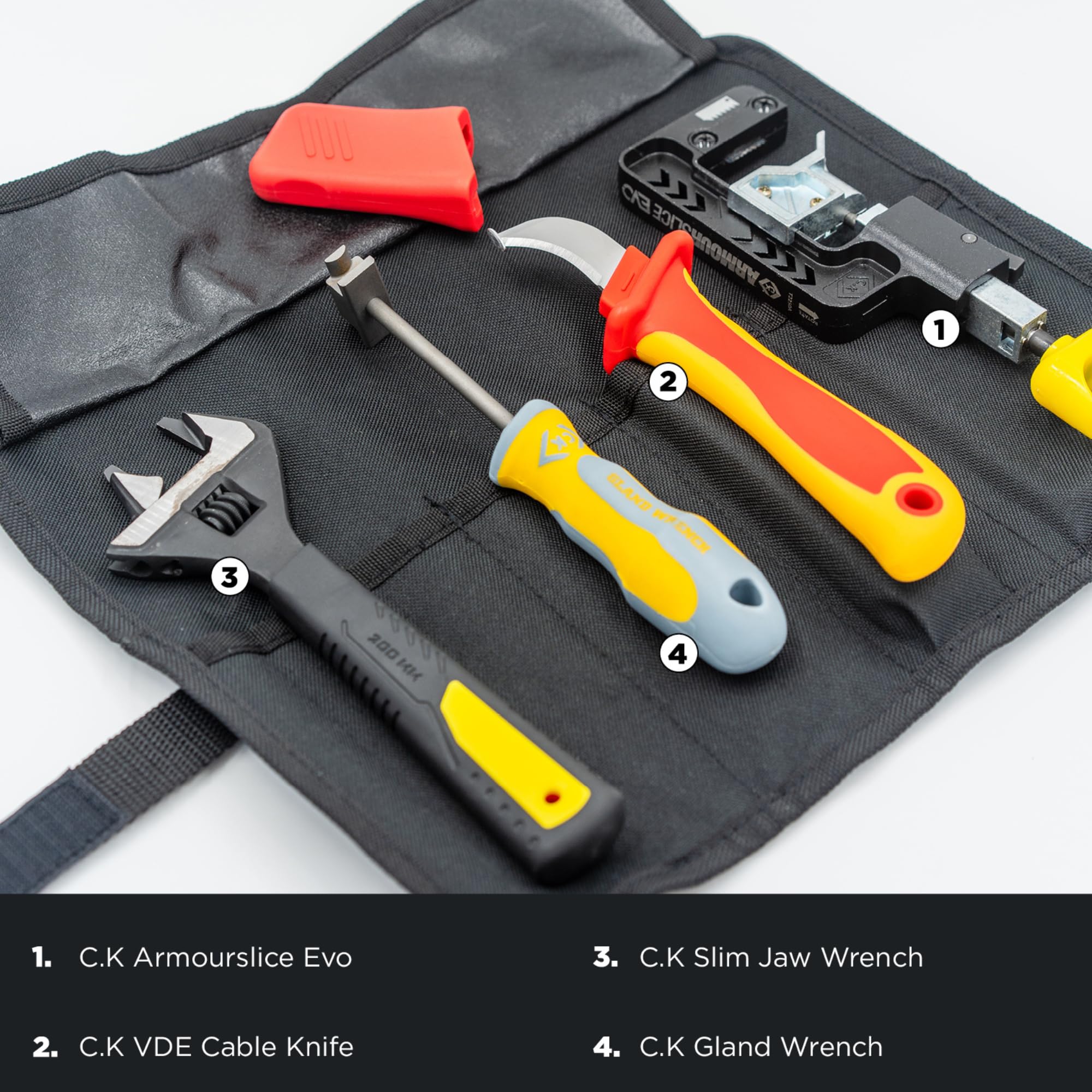 C.K Tools Complete SWA Termination Kit for Professional Electricians - Includes Armourslice Evo Armoured Cable Stripper, VDE Sheath Knife, Slim Jaw Wrench, Gland Wrench in Handy Tool Roll, CK T5992