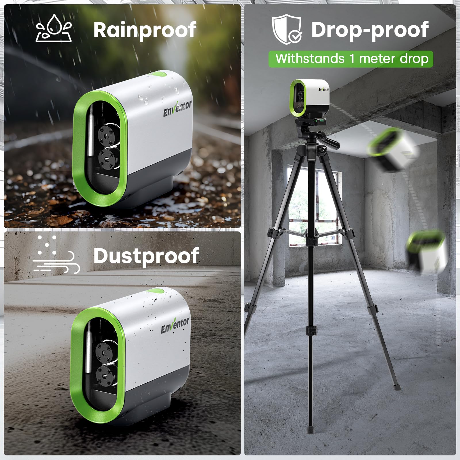 Enventor Rechargeable Laser Level with Tripod, 25M 2200mAh Li-ion Battery Green Laser Level Self Leveling with Pulse Mode, 7 Hours Working Time, Switchable Horizontal/Vertical/Cross line